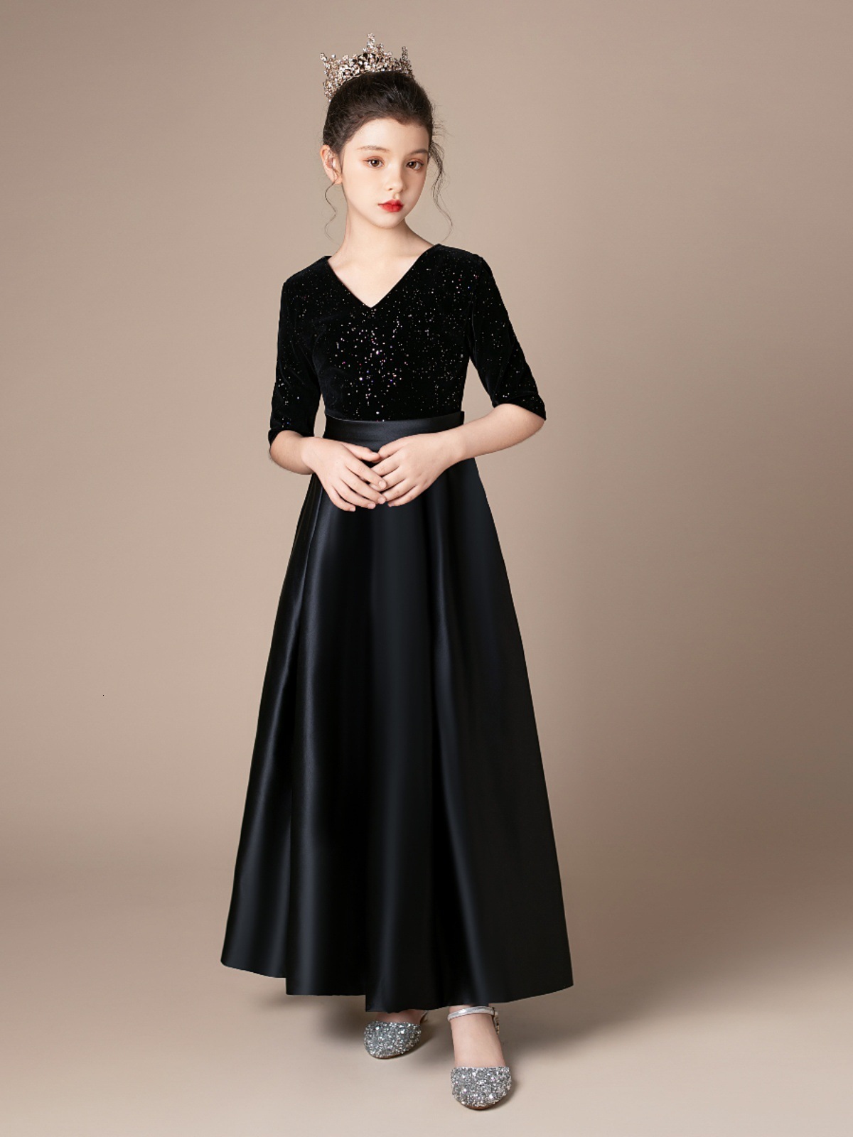 Velvet long sleeved performance costume for black girls, piano, violin, host, orchestra, chorus, girls' formal dress