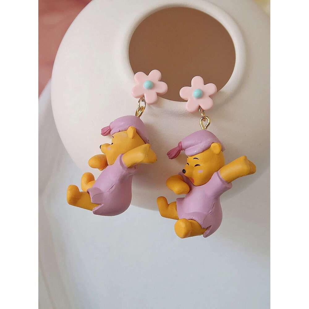 New Fashionable Cartoon Cute Pink Pamas With Teddy Bear Earrings, Suitable For Daily Wear, Gatherings, Music Festivals