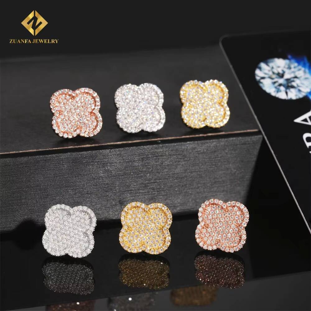 Vintage Bracelet Four Leaf Design Women Jewelry Iced Out S925 Silver 4mm VVS Moissanite Diamond Tennis BraceletEarrings Set
