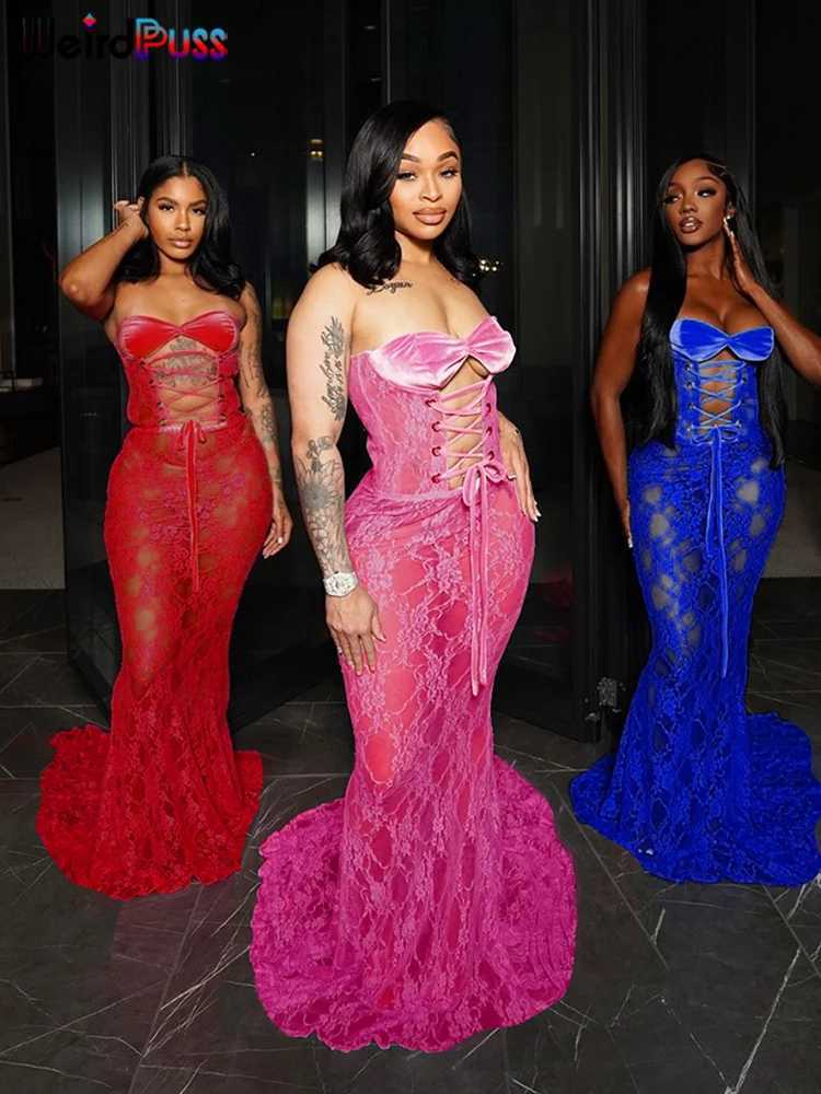 Weird cat sexy party dress womens mesh patchwork work strapless shirt hollow Coquette banquet elegant summer trend Maxi Bodycon W250430