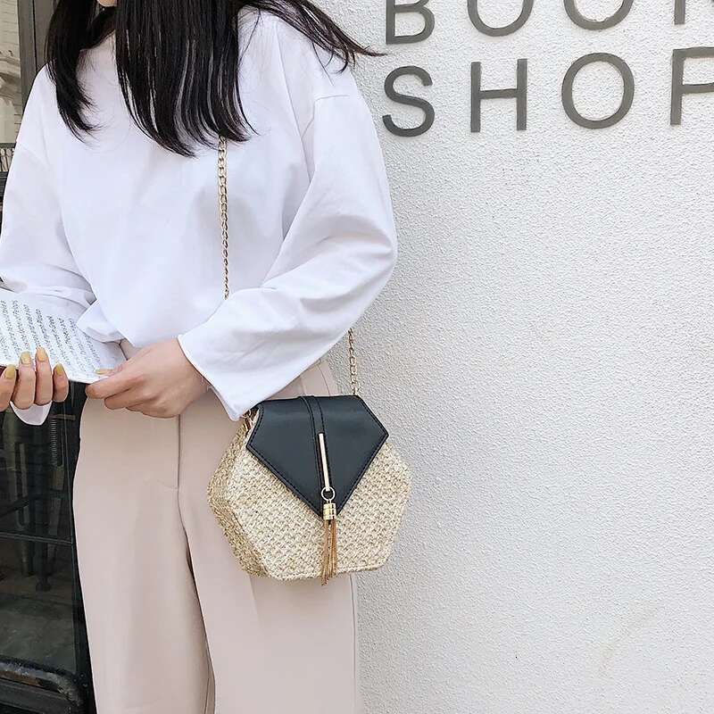 Hexagon Mulit Style Straw Leather Handbag Women Summer Rattan Handmade Woven Beach Circle Bohemia Shoulder Bag Bag