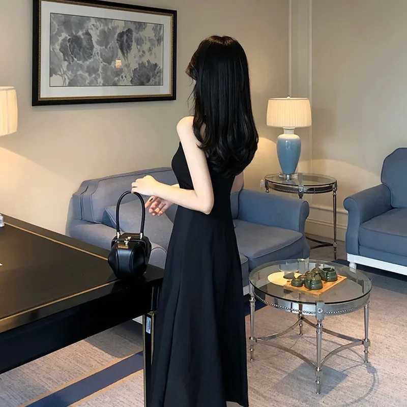 Elegant French style black long womens summer lotus system super goddess waist fit slimming gentle style vest dress W250430