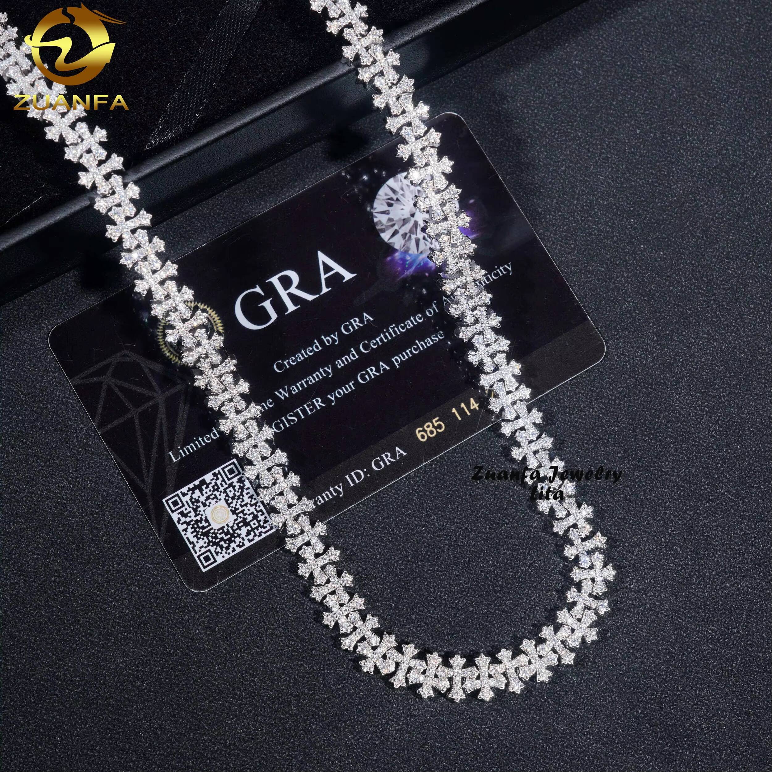 New Arrivals Hip Hop Iced Pass Test Silver 8mm Cross Necklace VVS Moissanite Cuban Link Chain