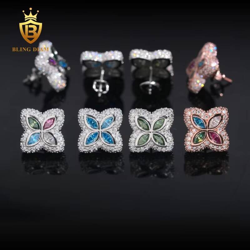 Hot Sale GRA Certificate VVS1Iced Out Colored Moissanite Four-Leaf Clover Earrings 925 Sterling Silver Gold Plated Hiphop Style