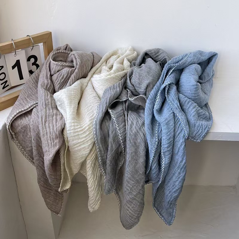 T596 Spring and Autumn new pleated solid color cotton and linen large square scarf female Korean style temperament versatile shawl thin neck scarf