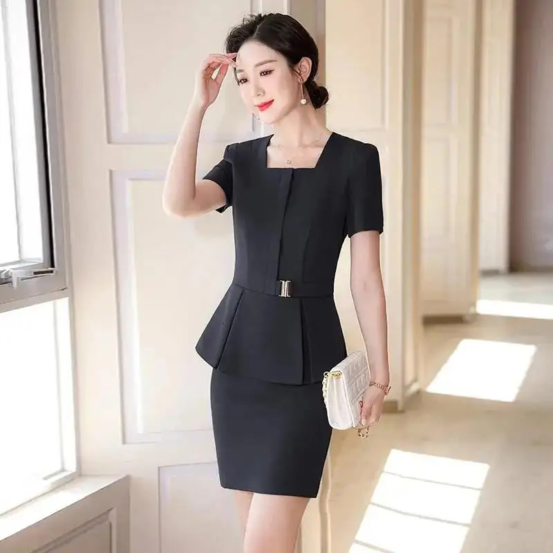 Summer short sleeved elegant blue formal professional womens business suit OL style office pants jacket set 250530
