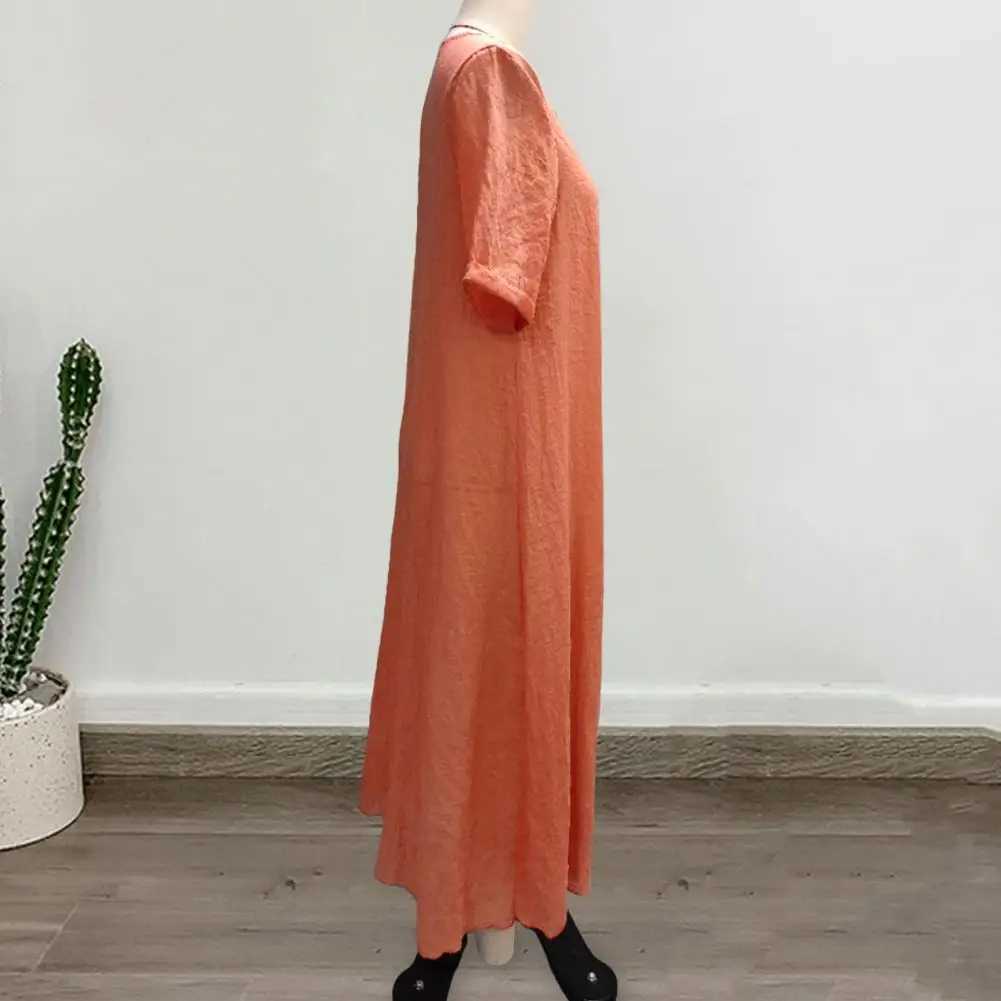 2024 Bohemian style cotton linen loose dress womens V-neck dress retro straight beach dress soft and breathable long dress W250430