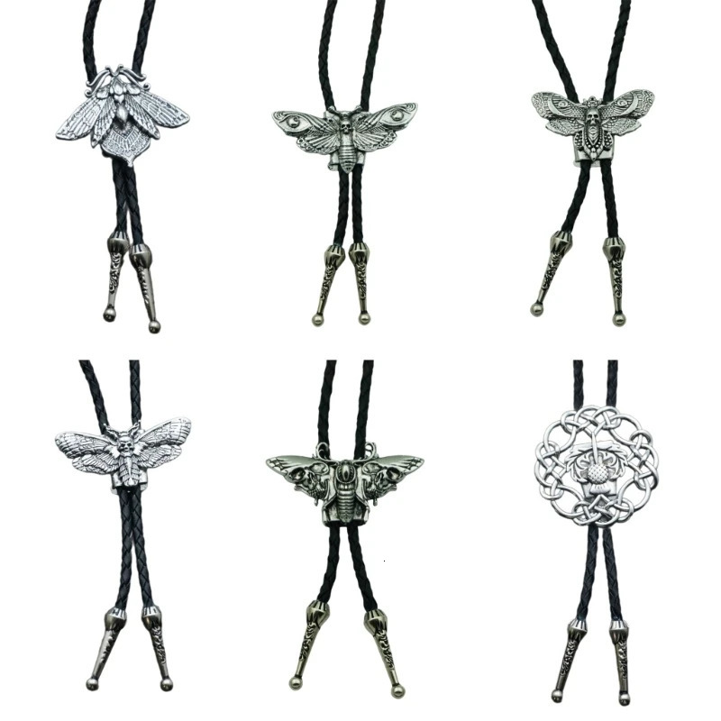 Mens Gothic Bolo Tie Cowboy Necktie Braided Leather Rope Necklace with Metal Skull Moths Pendant Jewelry Shirt Chain Ties 250430
