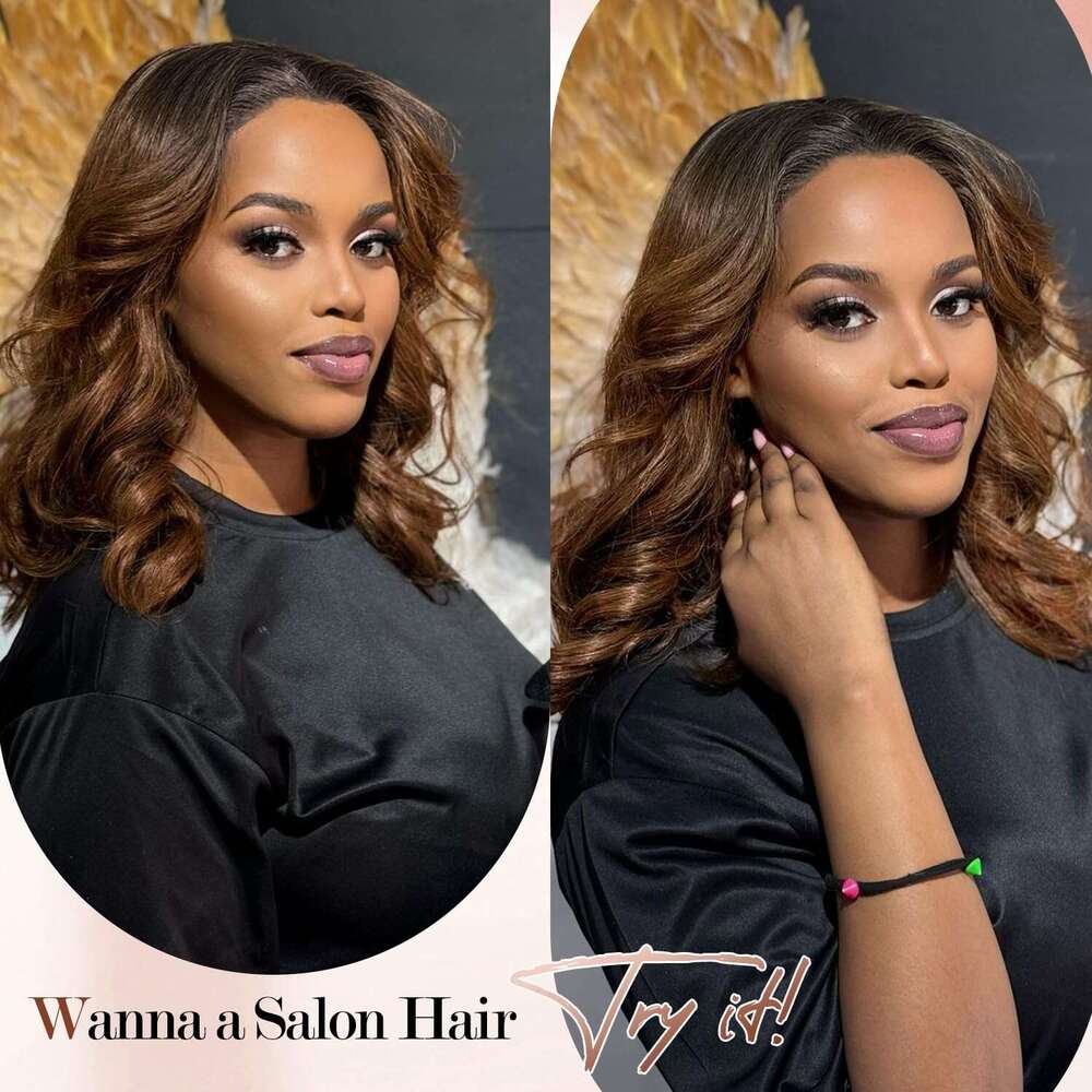 WIGER Big Curly Lace Front Loose Wave Short Wavy Bob for Black Women Ombre Brown Middle Part Shoulder Length Wig Synthetic Wigs