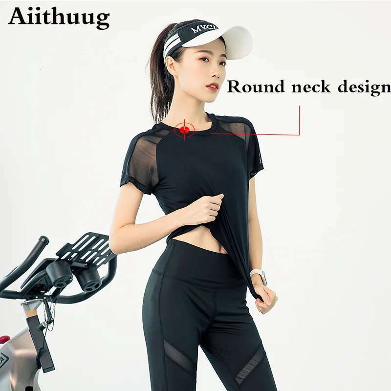 Aiithuug Mesh Breathable Back Yoga Short Sleeve Workout Running Shirt Athletic Tee Top Women Gym Short-Sleeve Lightweight