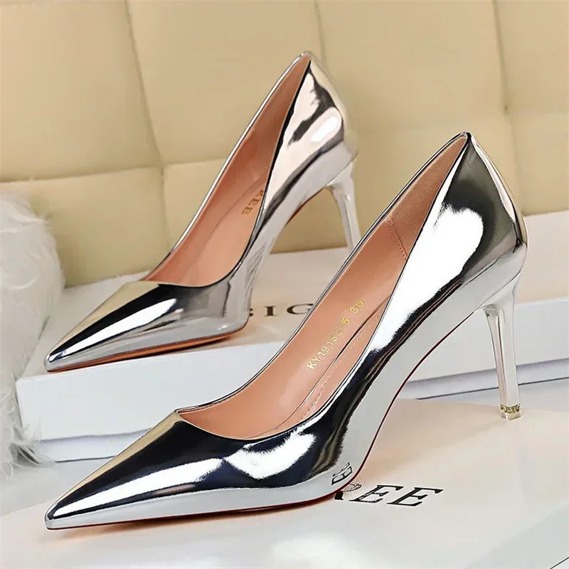 BIGTREE Summer Womens Pumps Sexy Champagne Grain Patent Leather Pointed High Heels Stiletto Femme Party Mules Shoes 251125