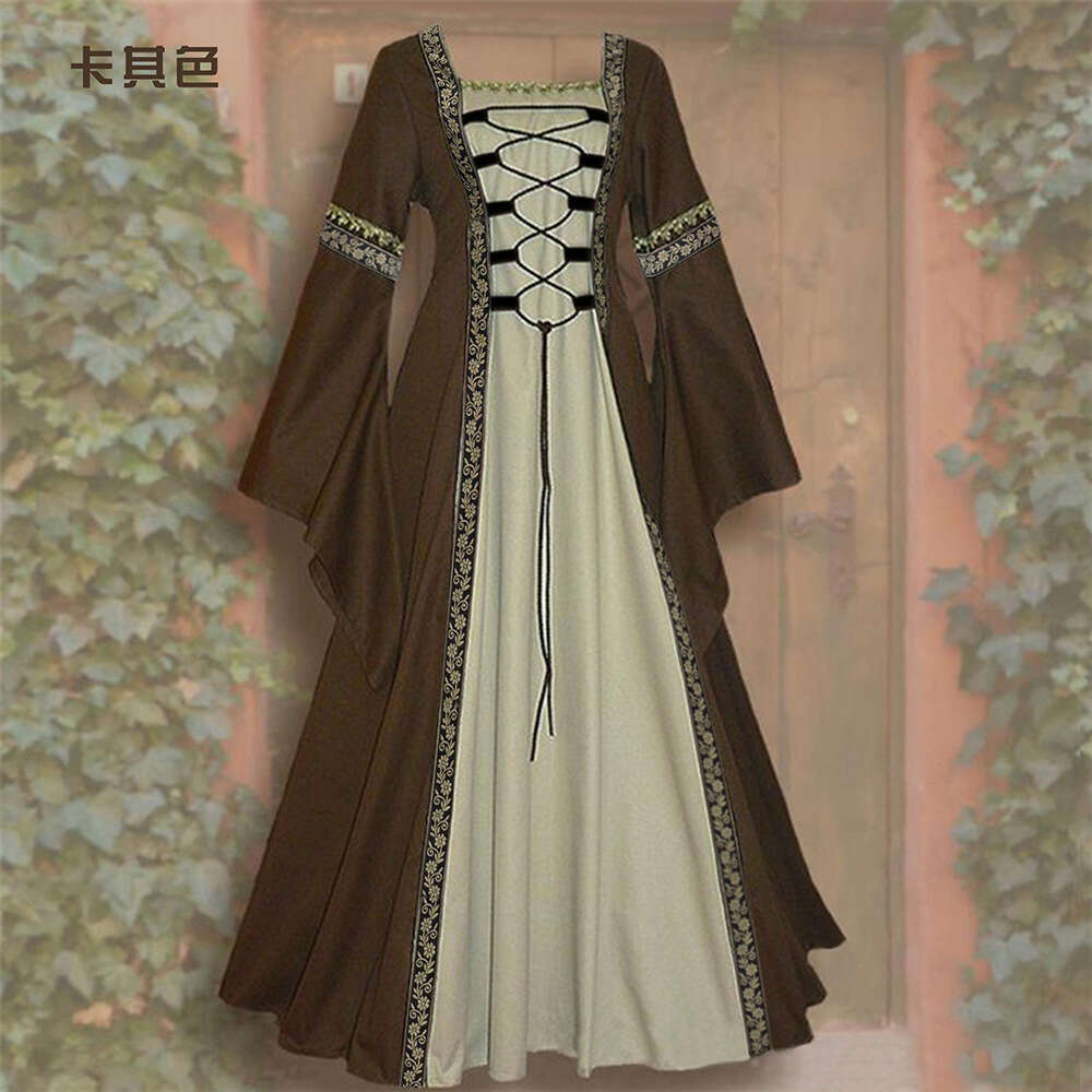 Hot selling European and American square collar sleeved trumpet sleeve lace up long dress Gothic retro women's 2025 new style chic elegant clothi