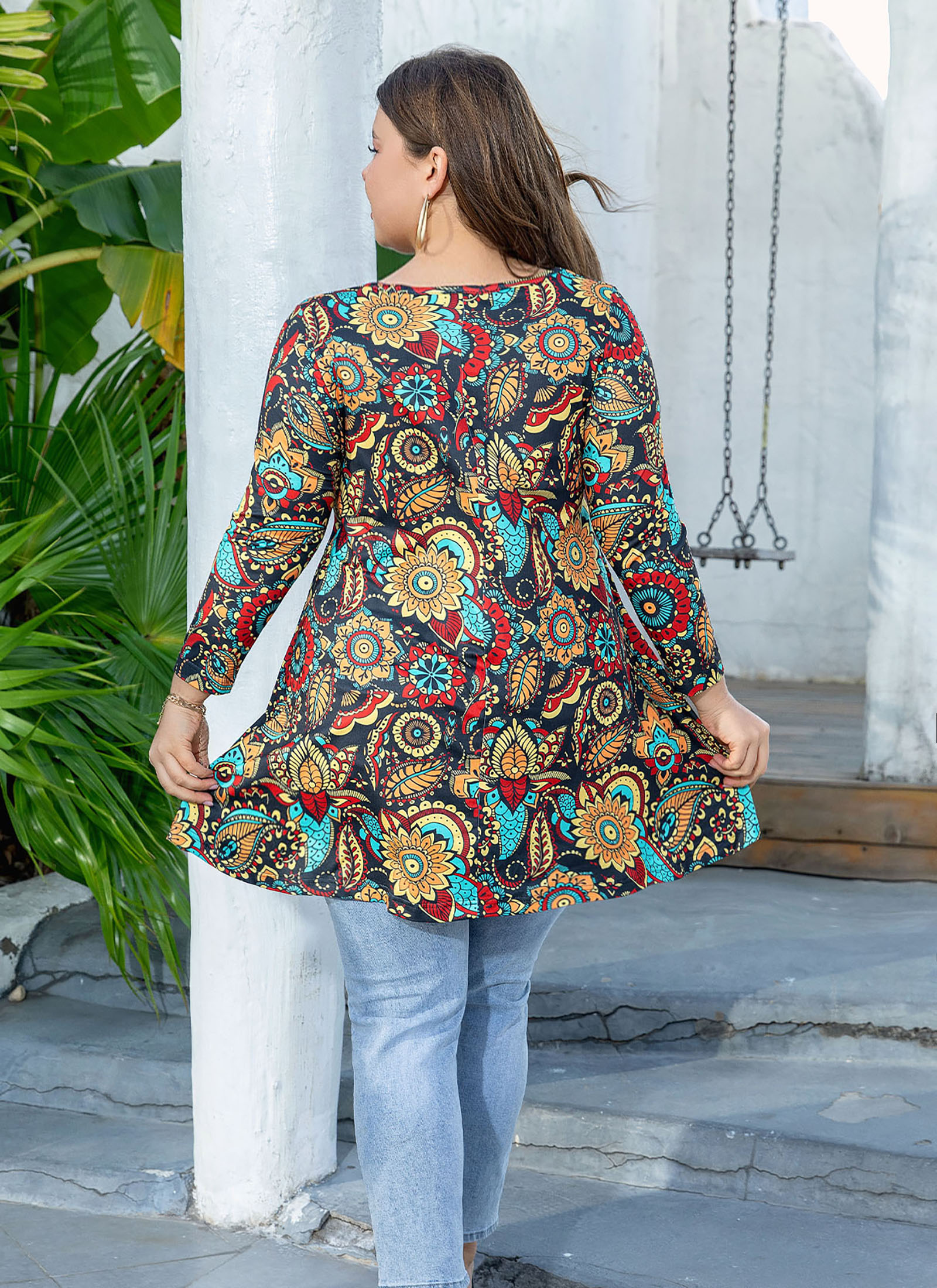 Womens Tunic Tops 3/4 Sleeve Plus Size Crew Neck Swing Flare Loose Fit T-Shirt Blouses to Wear with Leggings Orange Floral Leaf