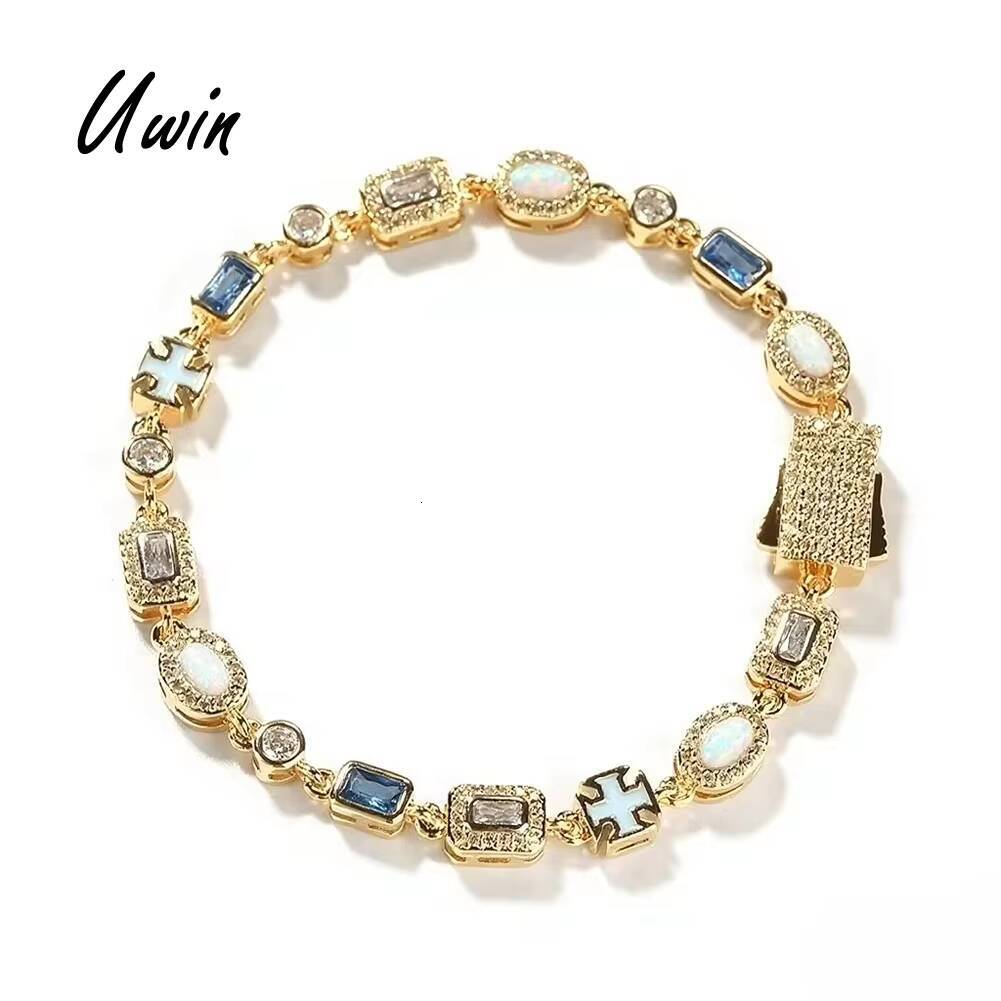 UWIN Hip Hop Crystal White Opal Gemstone Blue Topaz Dainty Bracelet Blue Cross Link Necklace Exquisite Fine Jewelry for Women