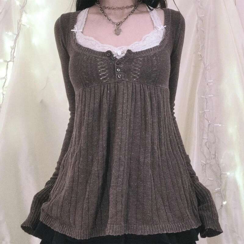 2000s Vintage Long Sleeve Babydoll Knitted Sweater Tops Cottage Milkmaid Pullovers Aesthetic Grunge Y2k Knitwear T-shirts Women fashion clothing women