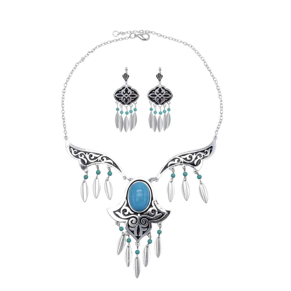 Bohemian Vintage Blue Acrylic Stone Beads Tassel Choker Necklace Earrings For Women India Gypsy Boho African Ethnic Jewelry Set