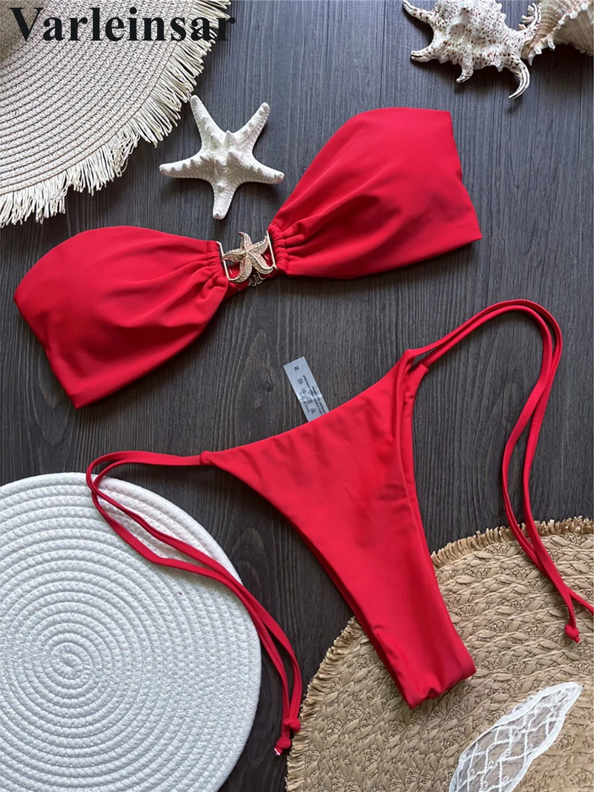 Sexy Metal Star Bandeau High Cut Leg Bikini Female Swimsuit Women Swimwear Two-pieces Bikini set Bather Bathing Suit Swim V6584 250428