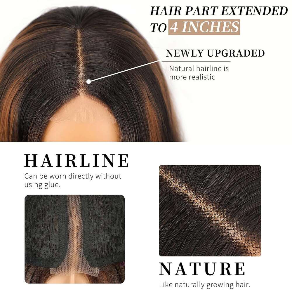 AISI HAIR Dark Brown with Highlights Women, Long Wavy Lace Hairline Middle Part Synthetic Heat Resistant Wig for Daily Party-26 Inch