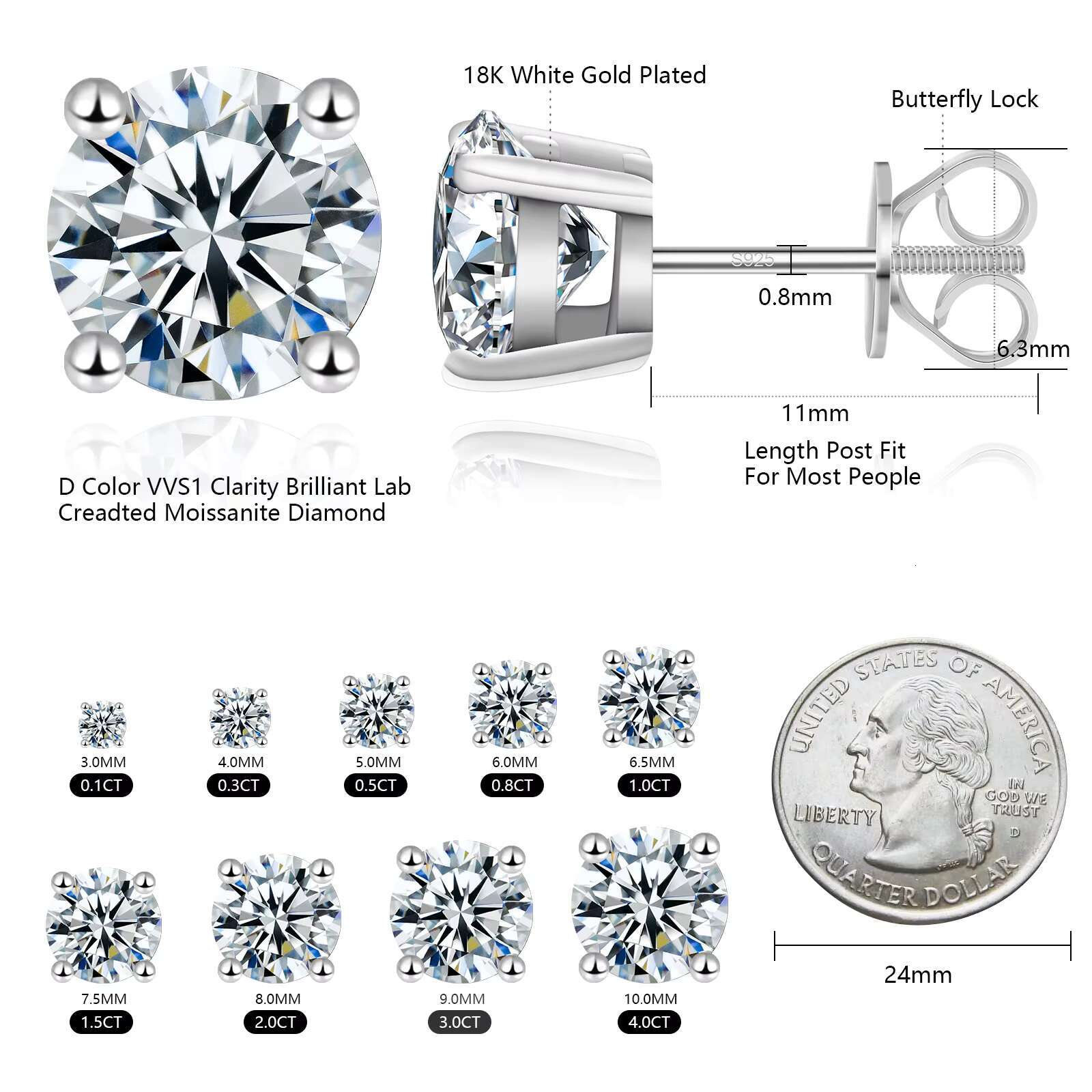 S925 Sterling Silver 5mm 6.5mm 7.5mm 8mm Moissanite Four Claws Stud Earrings Vintage Fashionable Unisex Earrings