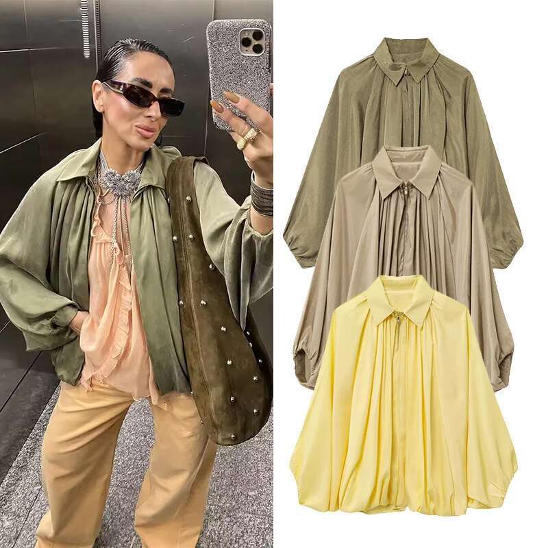 Hipseam Satin Bomber Jacket Women Spring Pleated Zipper Long Sleeve Women's Coat Casual Female Jackets