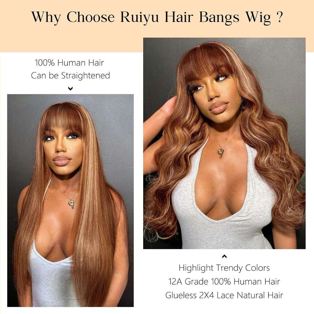 Ruiyu Ombre Highlight Wig with Bangs 2x4 HD Lace Front Closure Body Wave Wear and Go Glueless Highlights 4/27 Honey Blonde Brown Colored 100% Human Ha