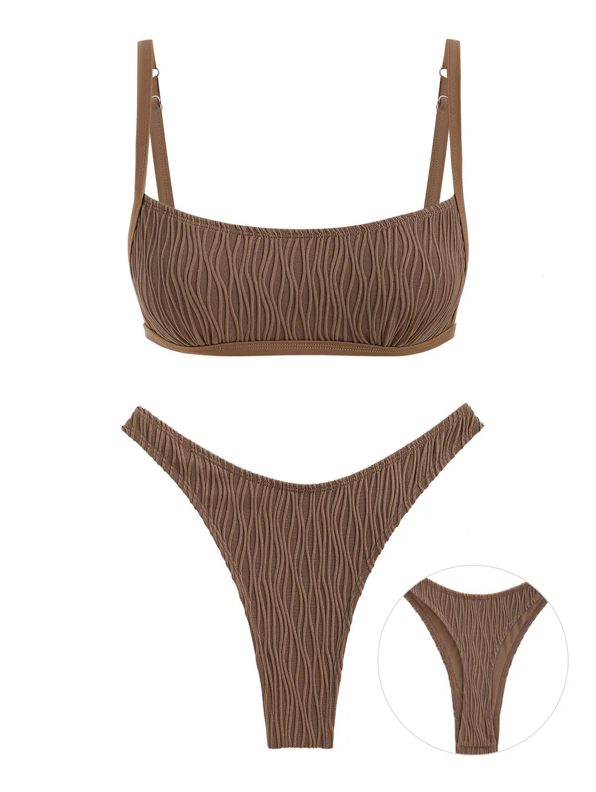 Seamolly Womens swimsuits Textured Adjustable Straps Thong Bikini Set 250428