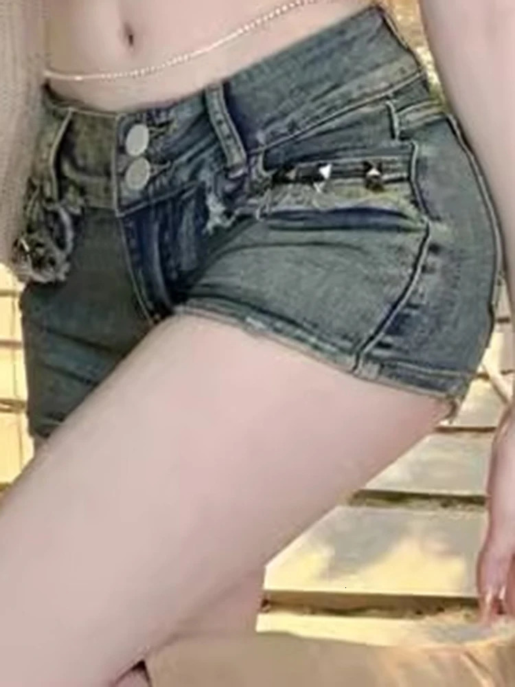 Women Korean Retro Y2k Shorts Pants Lady Vintage High Street Pants Female Blue Low Waist Elastic Wrapped Hip Short Jeans 250520