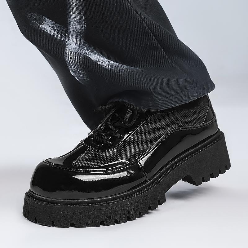 British Style Black Round-toe Derby Shoes Men's Thick-soled Leather Shoes Casual Shoes