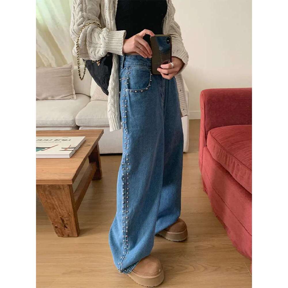 Fashion Woman's Metal Rivet Wide Leg Jeans Trousers Baggy Low Rise Pockets Denim Chic Lady High Street Casual Pants Y2k Stylish