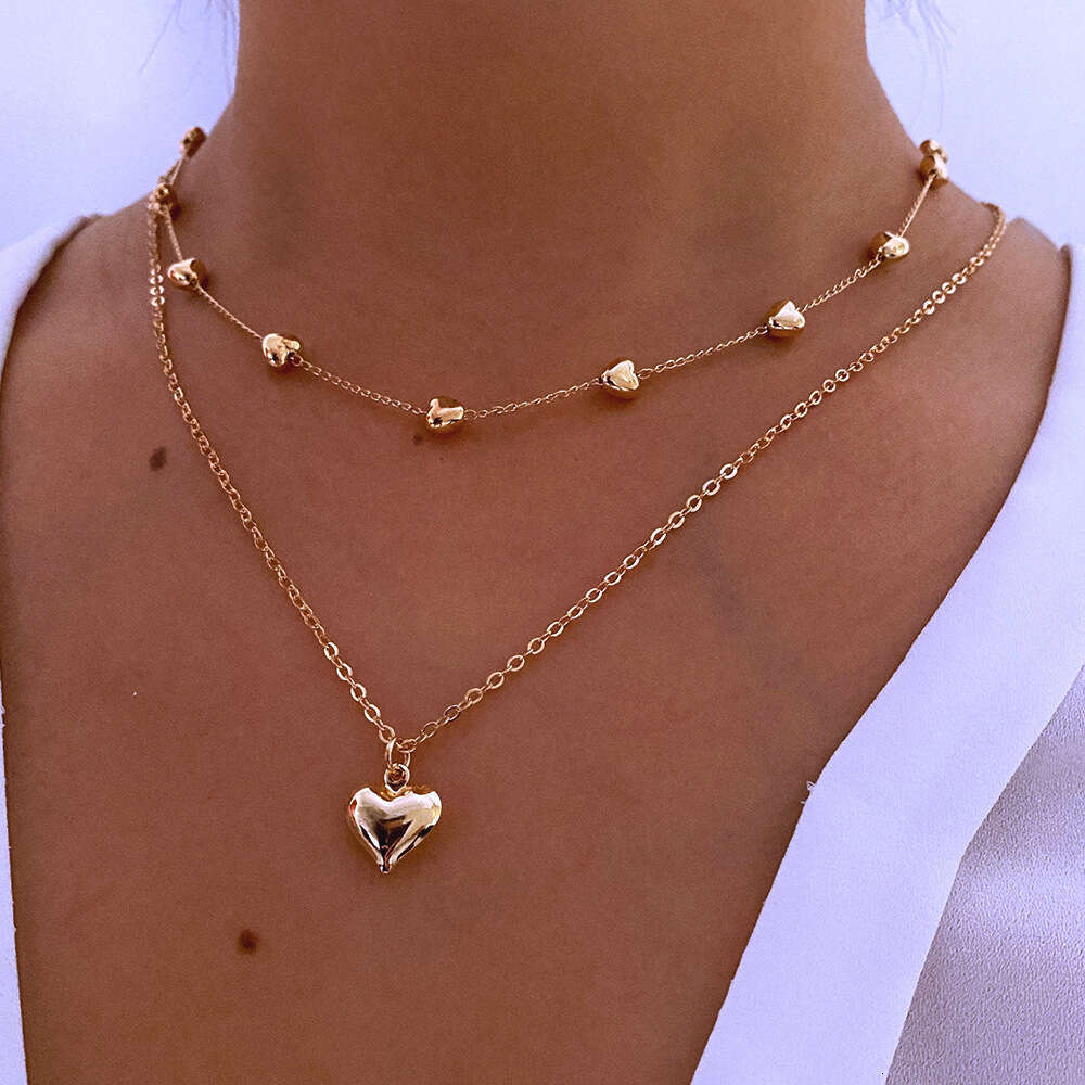 Jewelry double-layer mixed color chain, heart-shaped collarbone chain necklace, female sweet and cool hip-hop necklace