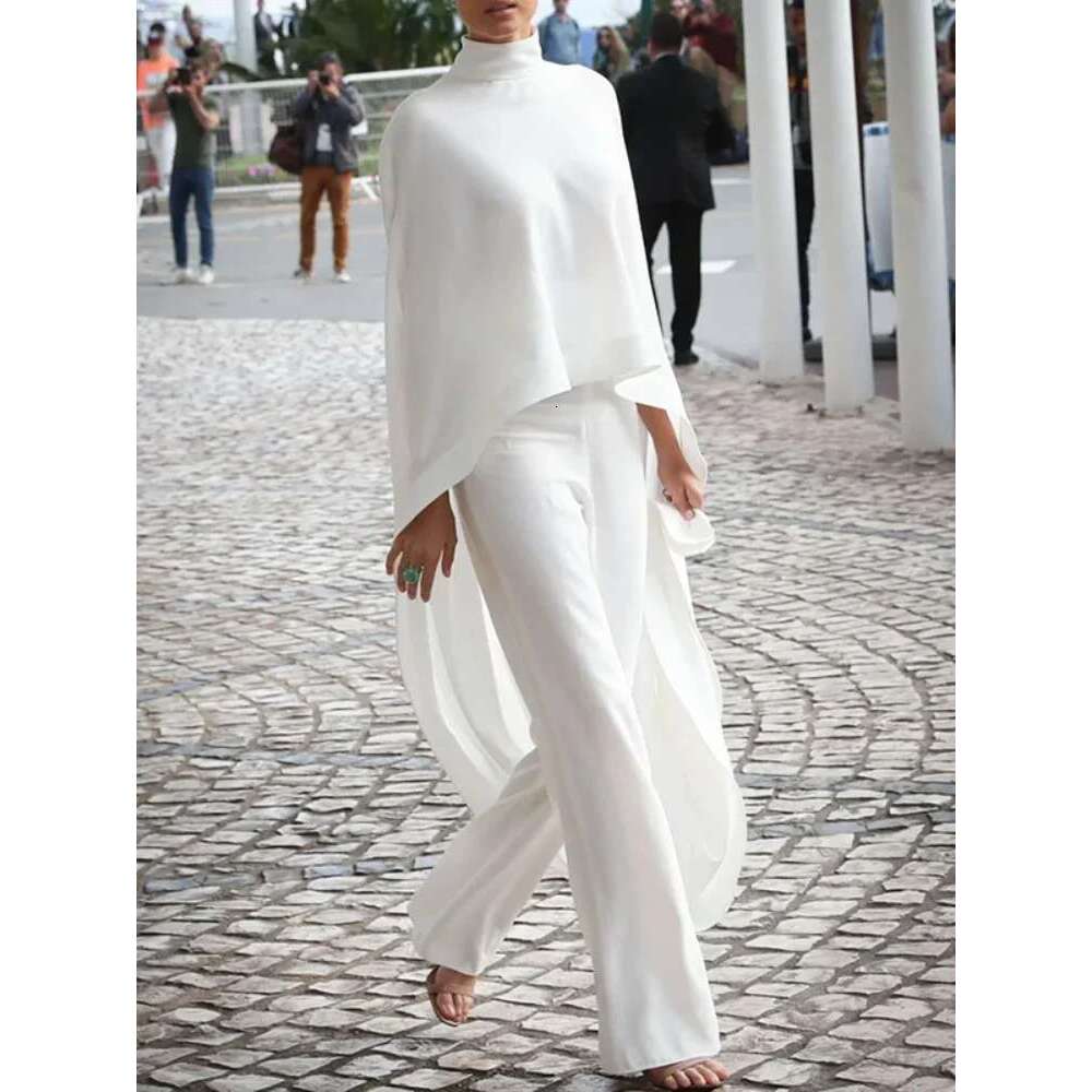 Modigirl Women's White Two Pieces Set 2024 Autumn High-Neck High-Low Loose Tops & Wide Leg Pants Suits Streewear Black