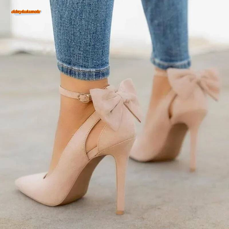Women's Heels Bow Tie Back Stiletto Pumps Pointed Toe Bowknot 11cm Sexy Ankle Strap High Heeled Female Wedding Shoes ddmykukumalu