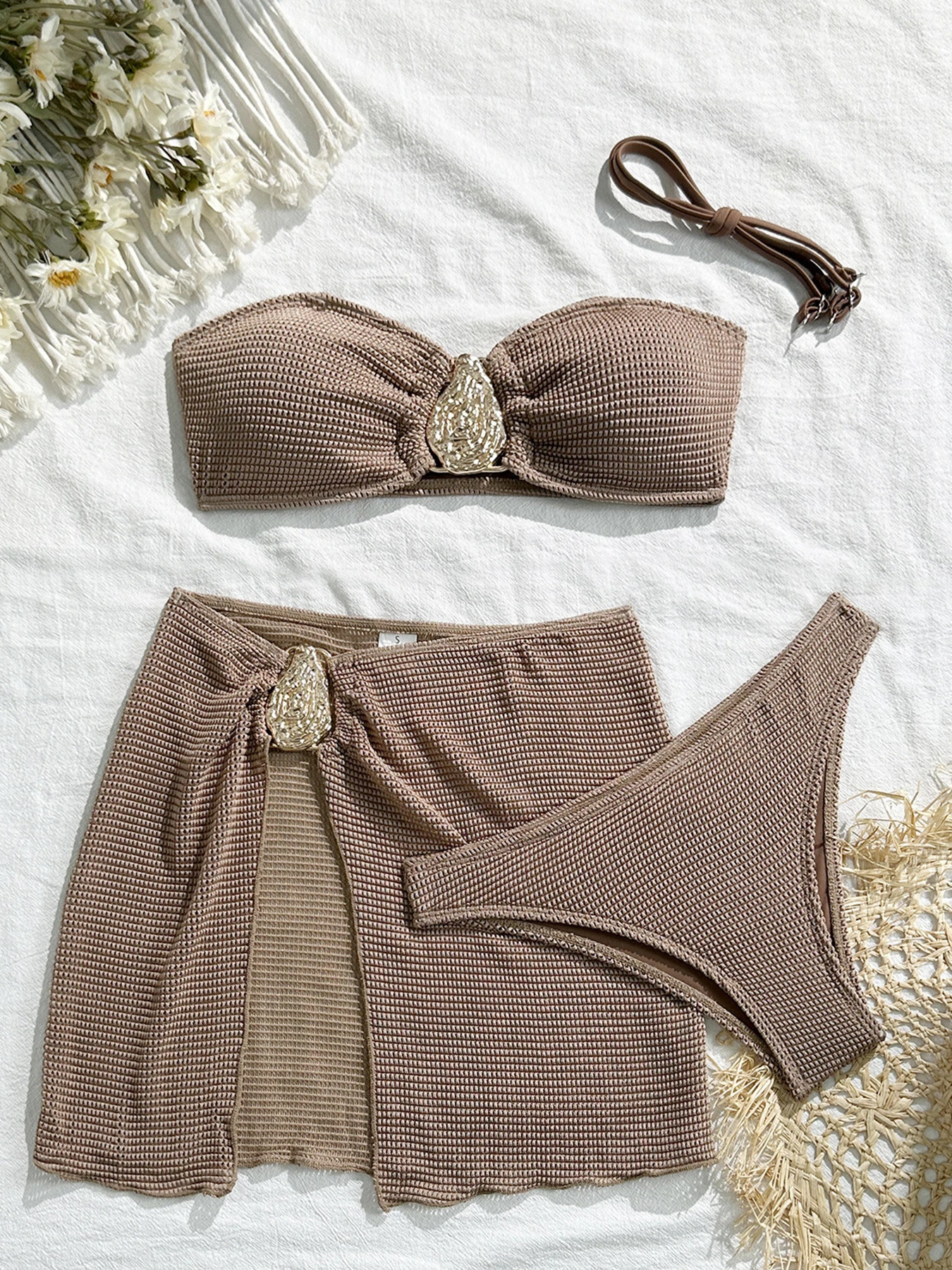 2025 Bandeau Three Pieces Bikini Sets Swimsuit For Women Sexy Mesh Crochet Swimwear And Short Skirt Bathing Suit Beachwear 250428