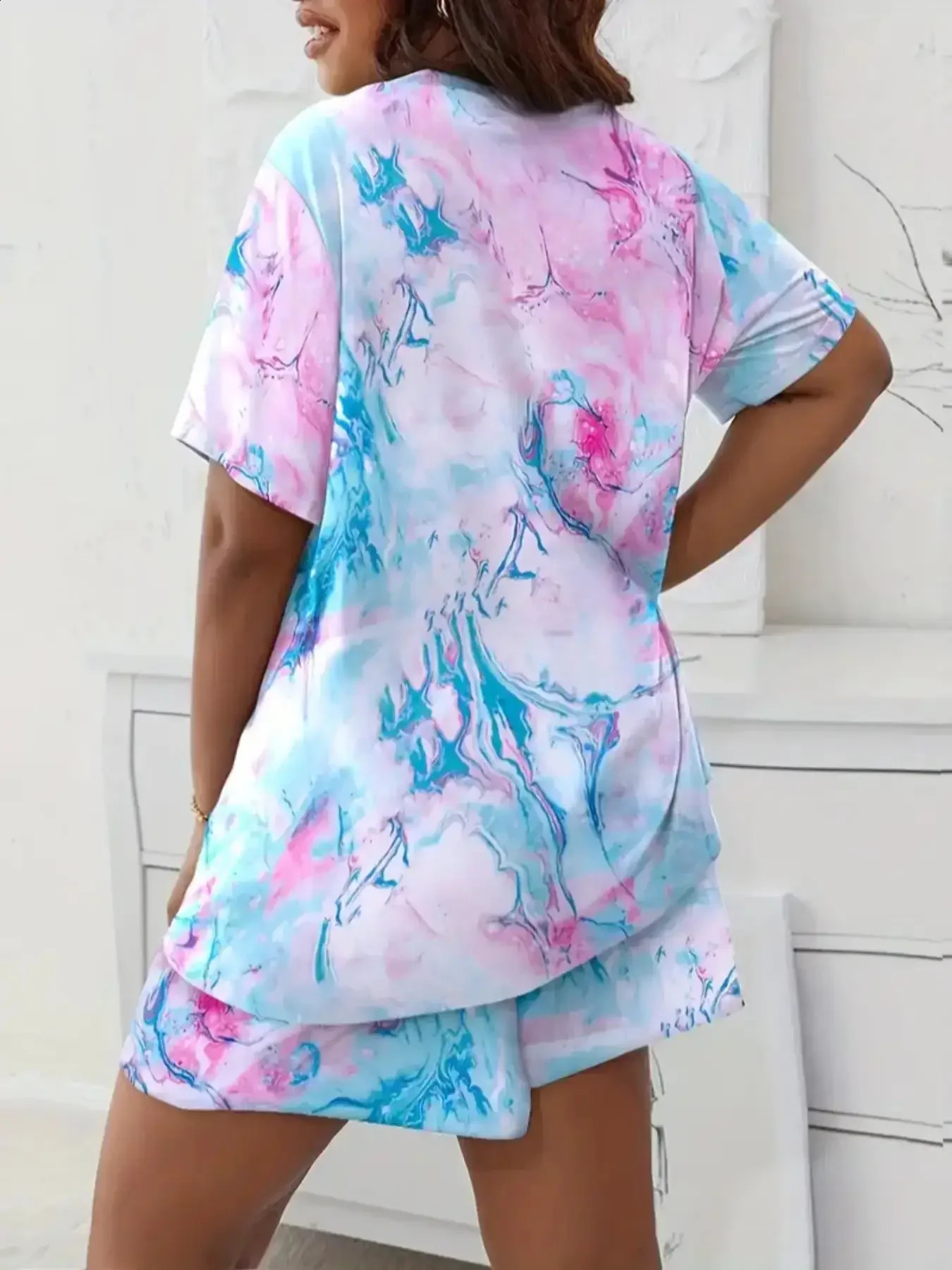 Plus Size Casual Loungewear Set Summer Womens Tie Dye Short Sleeve Round Neck Tee Shorts Pajama Two Piece 250122