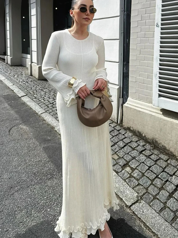 Womens Chic Ruffles Backless Lace Up Knitted Maxi Dress Elegant Round Neck Flare Long Sleeve Vestido Lady Fashion Robe 250122