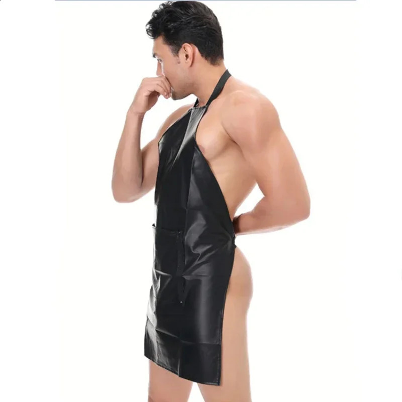 Men Sexy Bodysuits Apron Hollow Out Erotic Clubwear Black OnePiece Kitchen Dress Bodyshaper Gay Penis Hole Backless Lingerie 250108