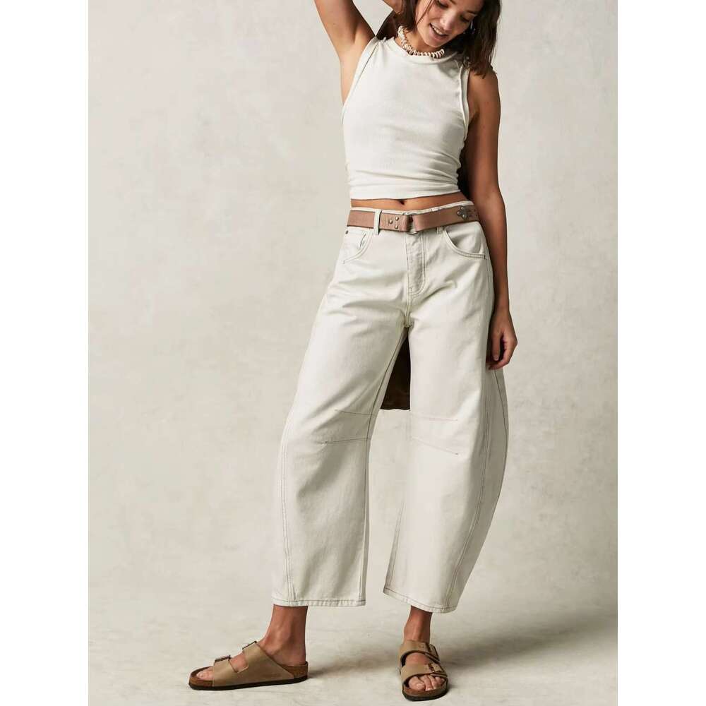 Free Shipping American Style Denim Splice Design Straight Pants People Boho Loose Mid Waist Trousers Cropped Jeans