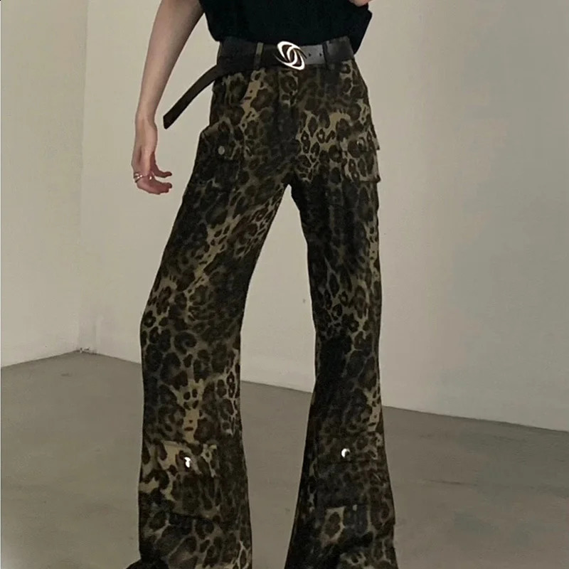 FEWQ American Leopard Print Mens Jeans High Waist Straight Leg n Male Flared Trousers Contrast Color Male Pants 24E6161 250120