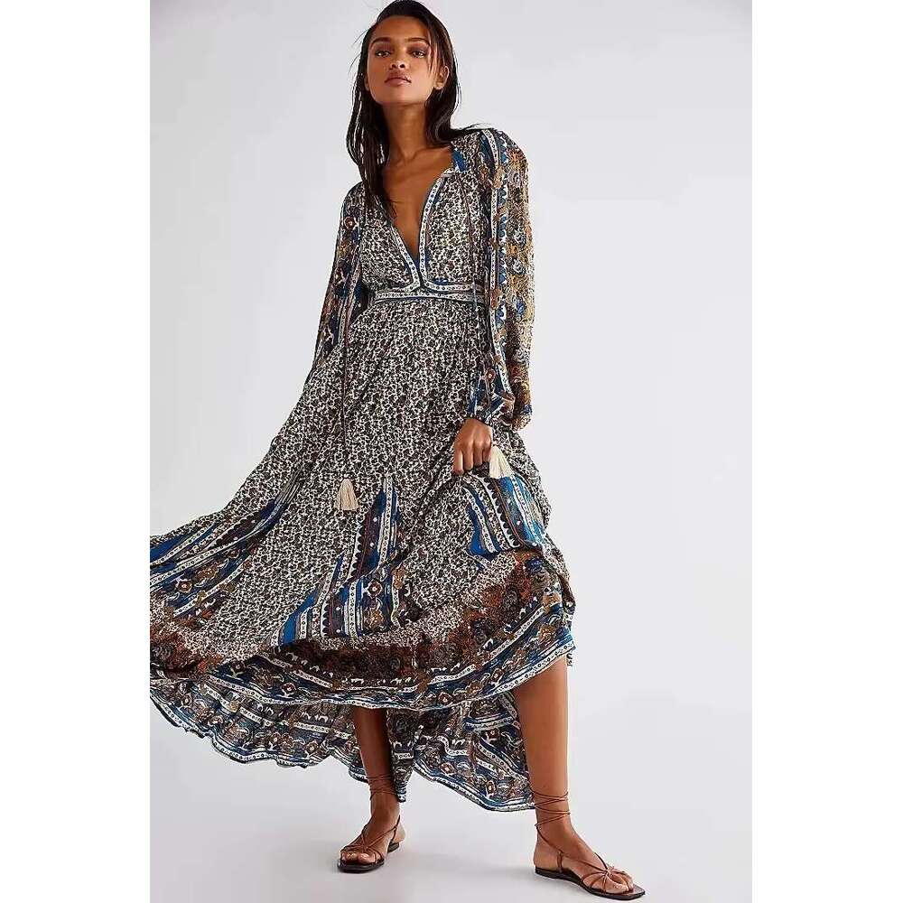 Chiffon Maxi Dress Boho Style Holiday Printing Chic Vestidos Mujer Long Sleeve Free Dresses Ral People Sales Hippie Robes