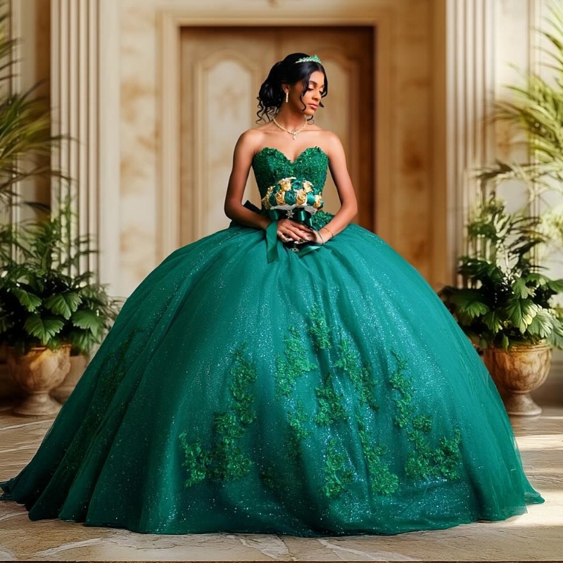 Blackish Green Quinceanera Dresses Ball Gown Off Shoulder Appliques Lace Beads Bow Tull Corset Birthday Party Sweet 16 Dress Vestidos 15 anos