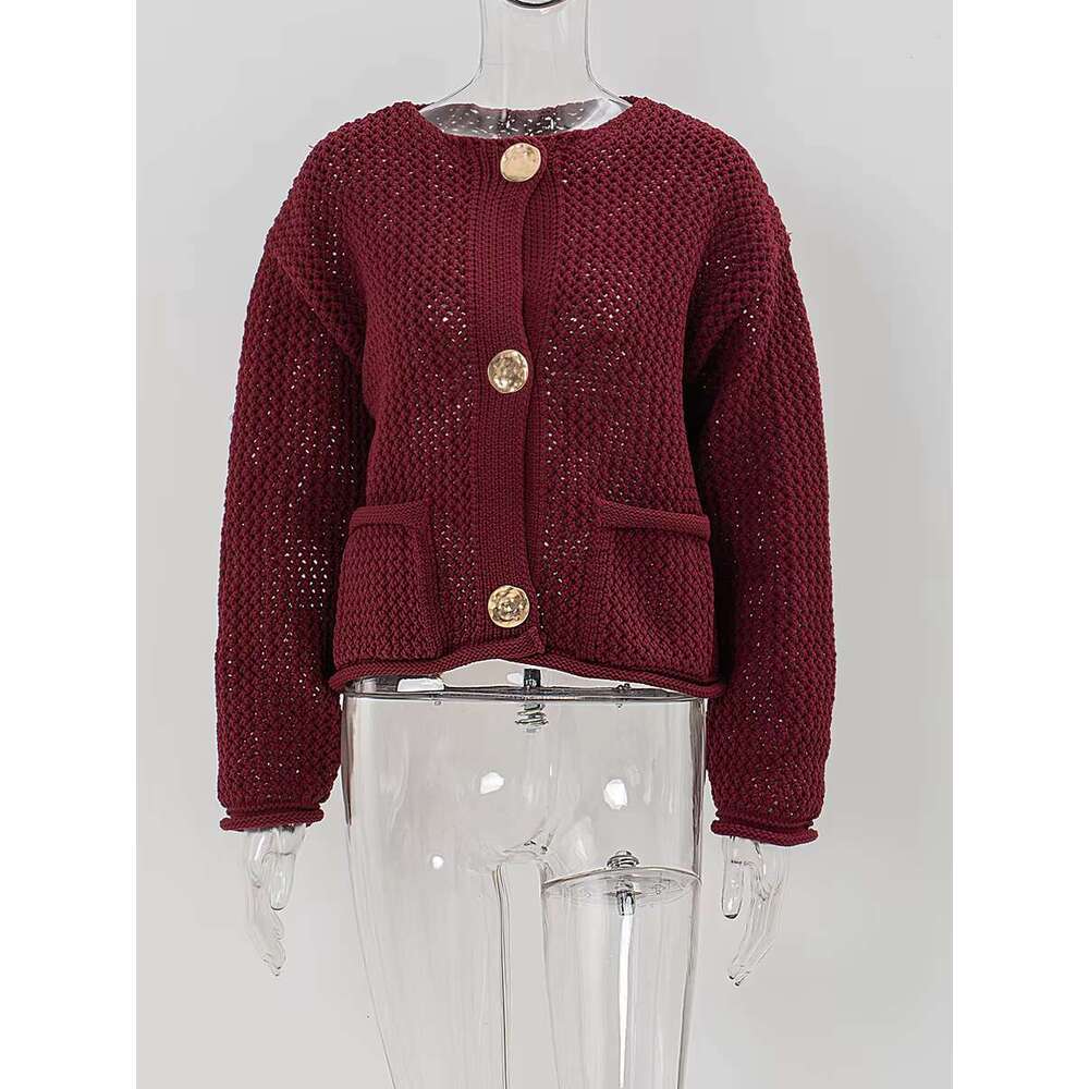 Pocket Solid Knitted Cardigan Women Autumn Single Breasted Long Sleeve Sweater Vintage Fashion Hollow Out Jumper Outerwear
