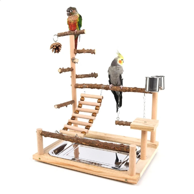 Parrot Playstand Bird Plays Stand Cockatiel Playground Wooden Perch Gym Playground Ladder with Metal Feeder Plate Toy 250207