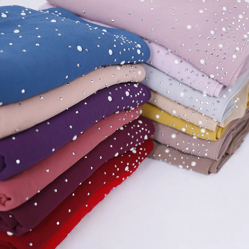 Women Muslim Plain Bubble Pearl Chiffon Scarf Hijab Diamond Rhinestone Shawls Headband Foulard Femme hijabs Scarves 250121