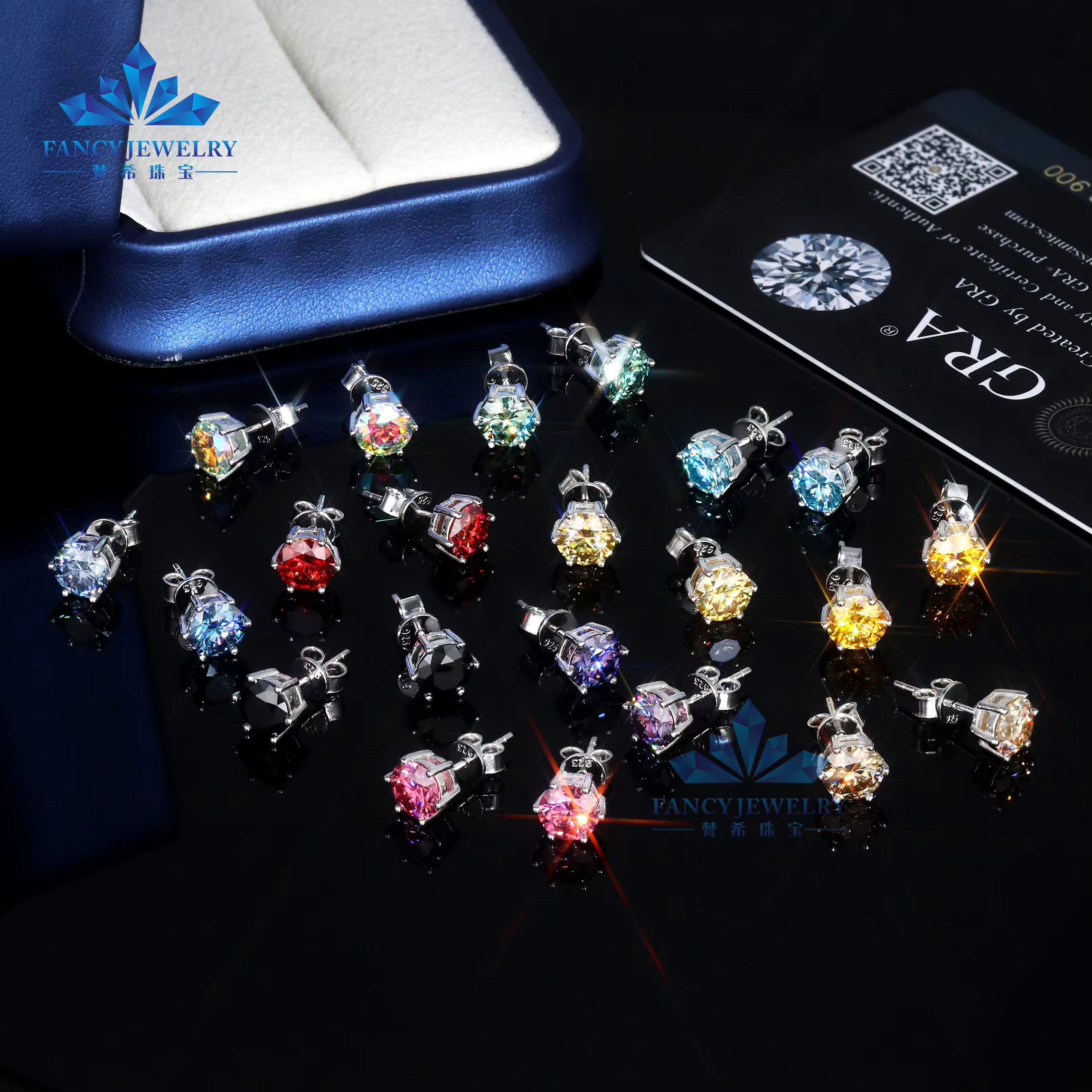 GRA Certificate 0.5CT 1CT 2CT Gold Plated Sterg Sier vvs Pink Blue Yellow Green Moissanite Stud Earrings