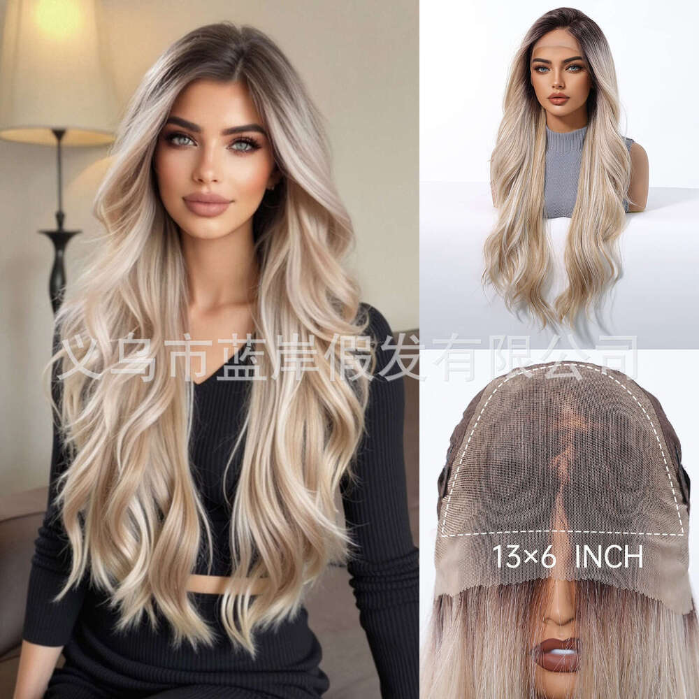 Lace Front Wig Cover T Shape Wig Female Area Front Lace Mid Split Gold Pickled Large Wave Long Curled Hair Fashion Full Head Cover