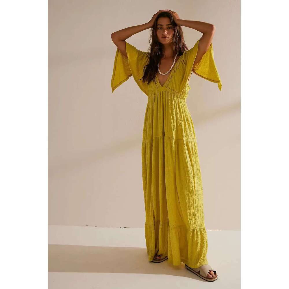 Hot Sale Oversized Maxi Deep V Collar Casual Solid Color Cotton Long Dress Free Style Beach Sundress Backless Vestidos