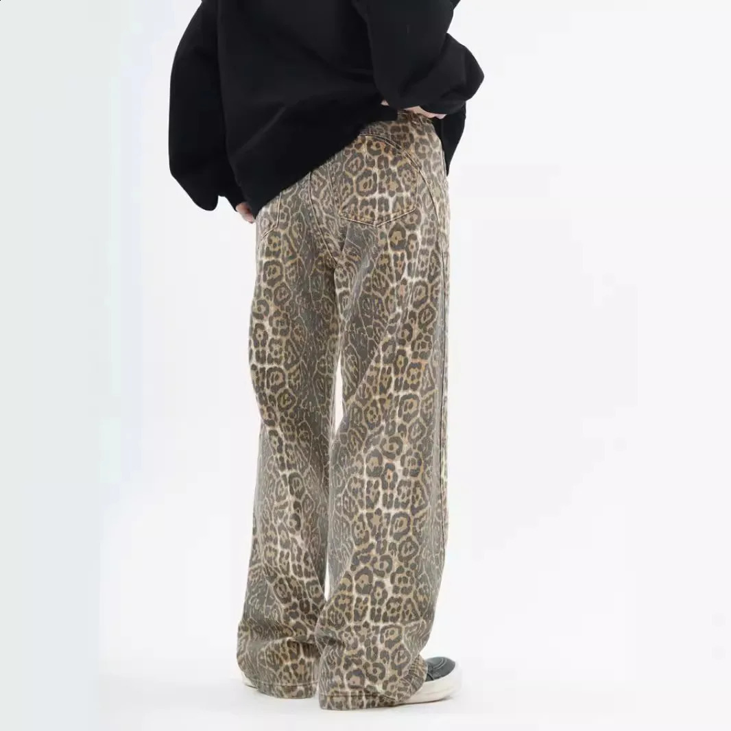 Vintage Y2k Leopard Print Jeans Mens and Womens High Street Loose Straight Trousers Trendy Wide-leg Trousers 250120