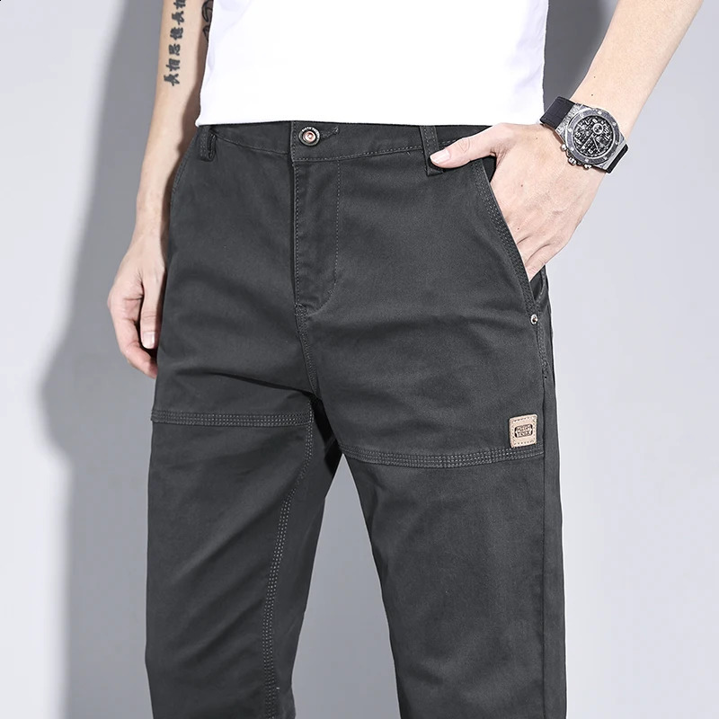 Spring Highquality Pure Cotton Casual Slim Pants Mens All Match Loose Straight Long Man y Clothing Grey Khaki 250110