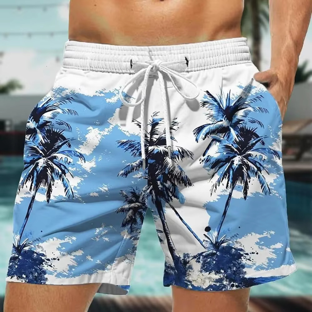 New4 Summer Oversized Casual Men's Drawstring Quick Dry Hawaii Holiday Sports Swimming Trunks Coconut Tree Printed Shorts