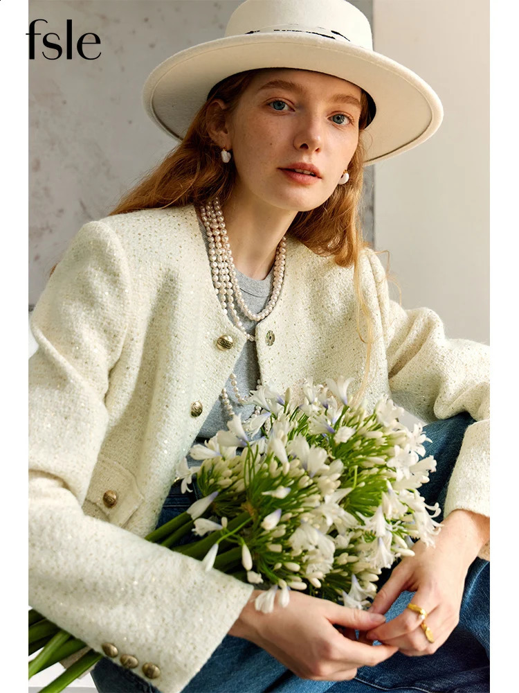 FSLE 51%Wool Office Lady Short Style Small Wool Texture Jacket for Women Spring Autumn Temperament Tweed Coats Female 250122